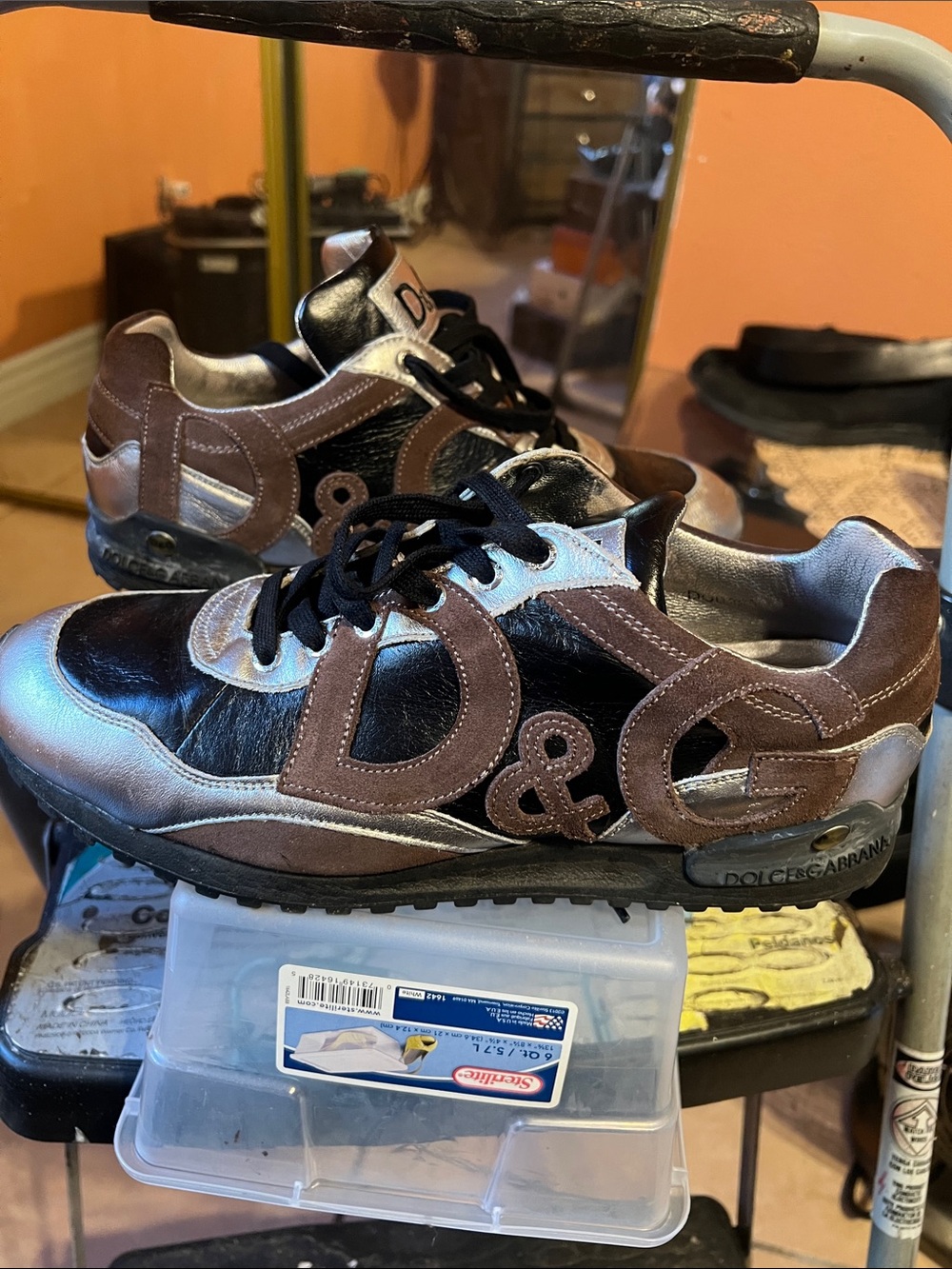 Dolce & Gabbana Black Brown and Silver Logo Runner Sneakers